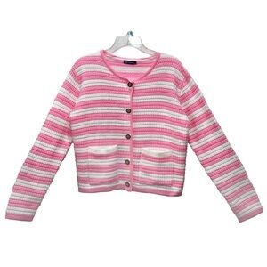 PrettyGarden Pink/White Stripe Cardigan 3D Ribbed Texture Harajuku Kawaii Twee L
